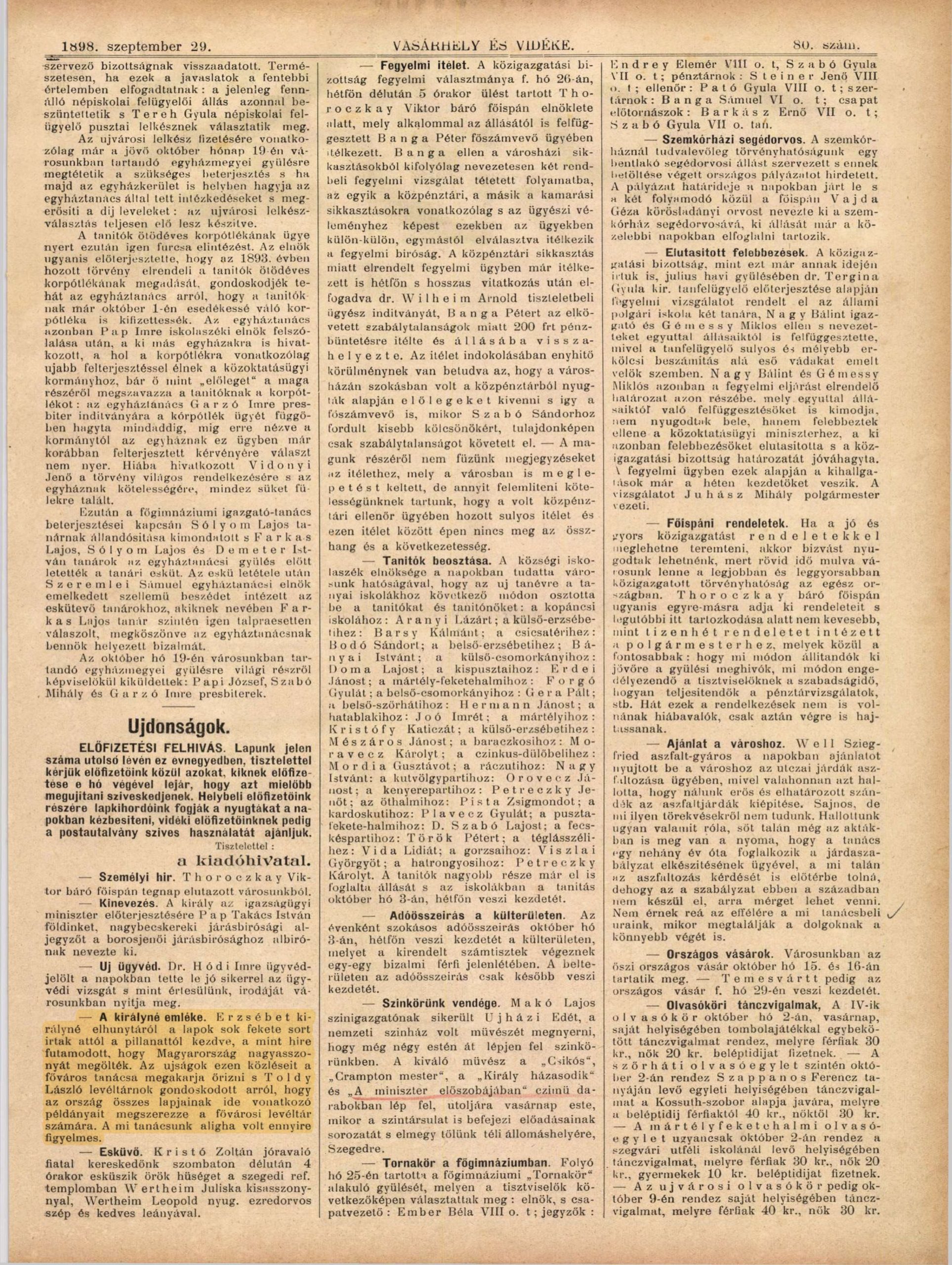 Vásárhely és Vidéke, 1898. július