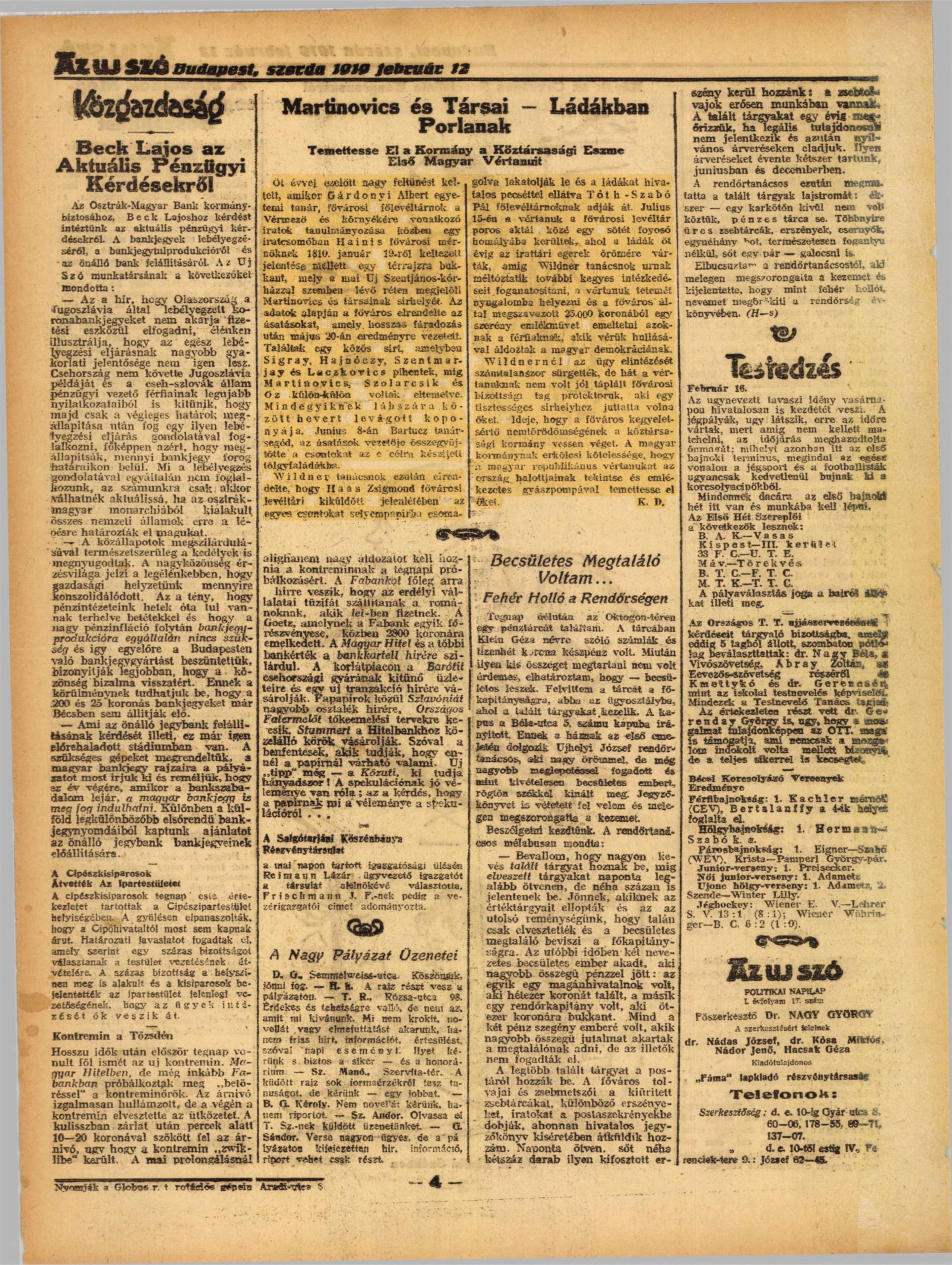 Az Új Szó, 1919. február 12.