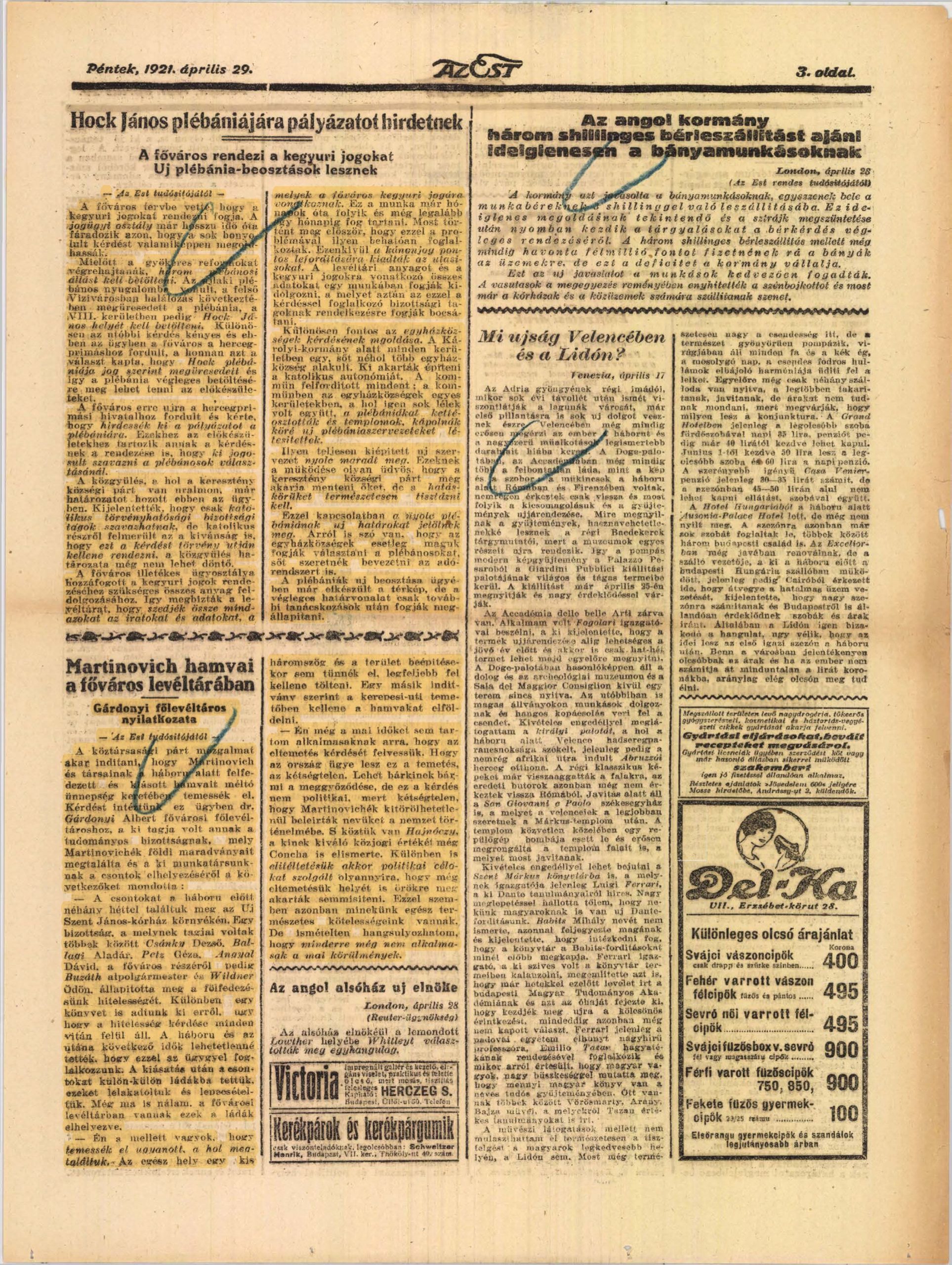 Az Est, 1921. április 29.