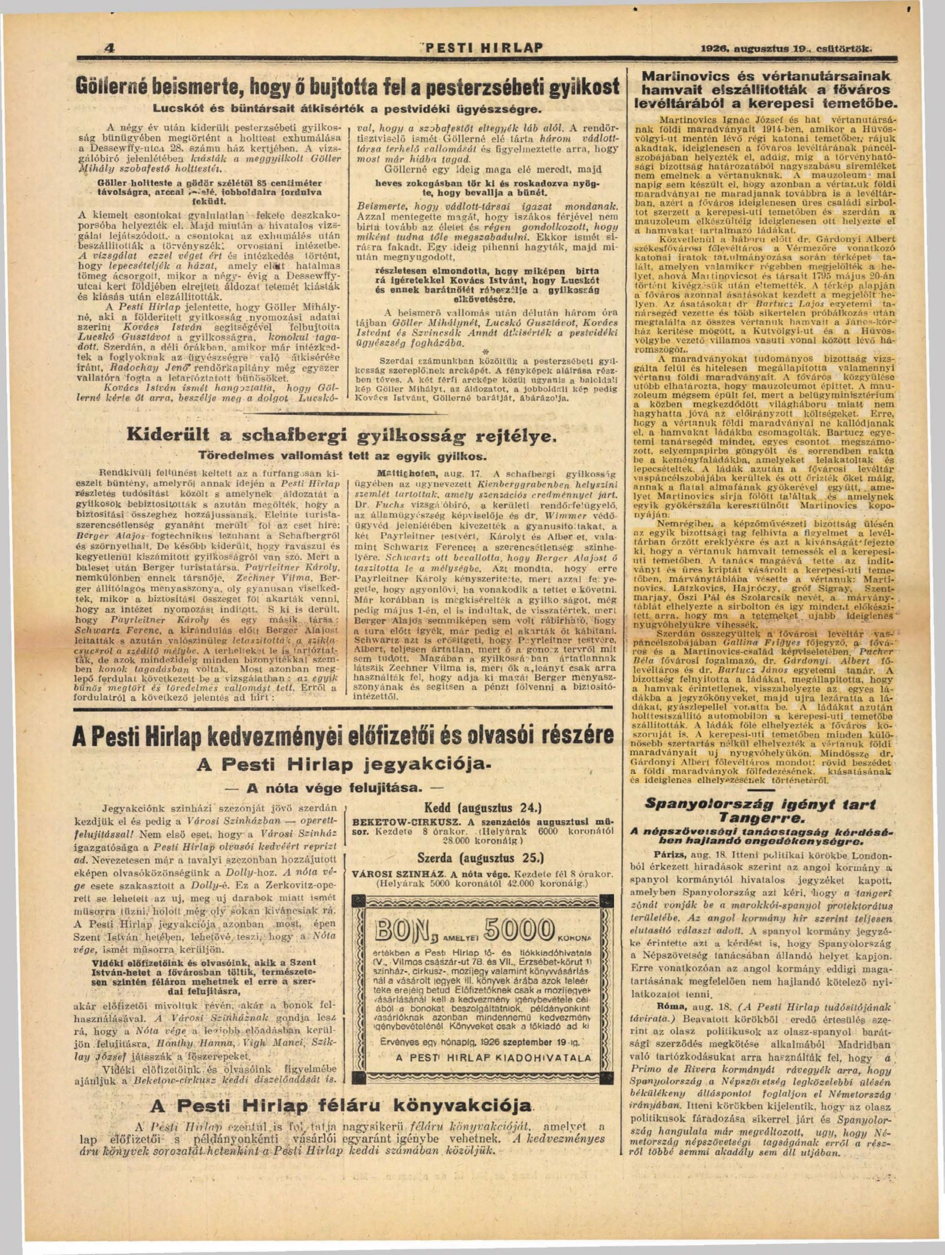 Pesti Hírlap, 1926. augusztus 19.